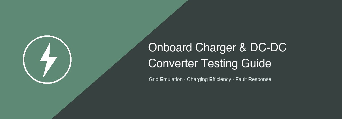 Onboard charger and DC-DC converter test bench guide hero image with lightning bolt icon